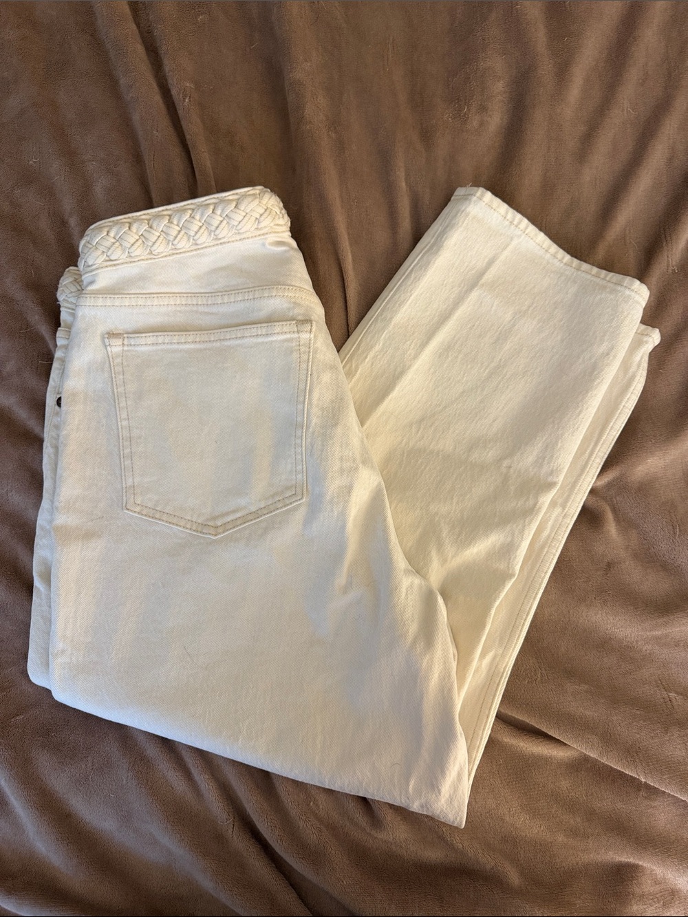 Abercrombie & Fitch Cream Straight-Leg Jeans with Braided Waistband Accent